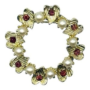 Gold Tone and Faux Pearl Floral Brooch